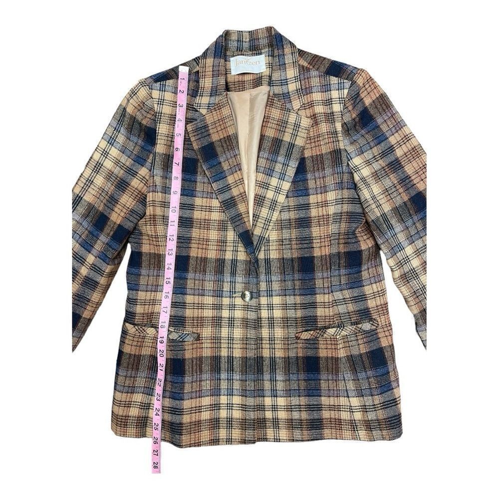 Vintage Jantzen Tan Blue Plaid  Tweed Blazer Sz 12 Lined Classic Preppy Academia - Picture 4 of 8